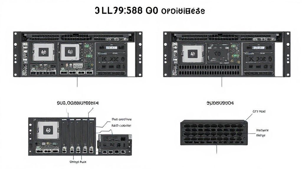 Infographic of HP DL380 G10 configuration options showing CPU, RAM, and storage layout