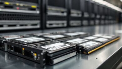 HP server hard drives and RAM modules on table