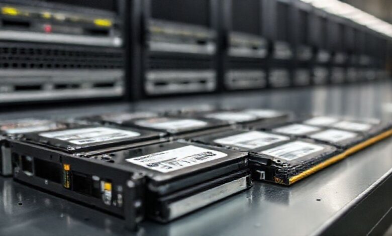 HP server hard drives and RAM modules on table